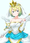  1girl bare_shoulders blonde_hair blue_eyes blue_hair bride closed_mouth crown dress earrings fire_emblem fire_emblem_heroes fjorm_(fire_emblem_heroes) flower hair_flower hair_ornament holding holding_staff jewelry lillian8710 multicolored_hair short_hair simple_background smile solo staff strapless strapless_dress upper_body veil wedding_dress white_dress 