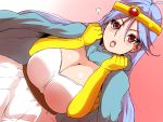  1girl blue_hair breasts cape circlet cleavage commentary_request dragon_quest dragon_quest_iii elbow_gloves gloves huge_breasts isuna looking_at_viewer red_eyes sage_(dq3) solo yellow_gloves 
