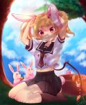  1girl :3 :t alternate_costume alternate_hairstyle animal_ears arms_up black_sailor_collar black_skirt blonde_hair blue_sky bow brown_legwear bunny bunny_ears bunny_tail carrot cloud commentary_request dappled_sunlight day eyebrows_visible_through_hair eyes_visible_through_hair flandre_scarlet full_body grass hair_between_eyes hair_bow hands_on_own_head head_tilt highres kemonomimi_mode kneehighs looking_at_viewer midriff necktie no_shoes on_grass on_ground outdoors pleated_skirt pout red_eyes red_neckwear sailor_collar school_uniform serafuku short_sleeves signature sitting skirt sky sleeve_cuffs solo sunlight tail touhou tree tree_stump twintails under_tree wariza wings yuineko 