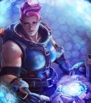  1girl blue_eyes blue_gloves breasts commission eyelashes geirahod gloves gun highres holding holding_gun holding_weapon huge_weapon lips medium_breasts muscle muscular_female nose overwatch particle_projector_cannon pink_hair scar scar_across_eye short_hair sleeveless solo very_short_hair weapon zarya_(overwatch) 