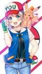  baseball_cap belt blue_eyes character_name cosplay denim fingerless_gloves food fruit gen_1_pokemon gloves grey_hair hand_on_headwear hat highres jacket jeans love_live! love_live!_sunshine!! mandarin_orange mizukoshi_(marumi) pants pikachu pikachu_(cosplay) poke_ball pokemon pokemon_(creature) satoshi_(pokemon) satoshi_(pokemon)_(cosplay) shirt_tucked_in takami_chika watanabe_you 