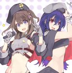  2girls azur_lane bandeau beret blue_eyes breasts brown_hair capelet gloves hat heterochromia iron_cross long_hair marshall2033 medium_breasts microphone multiple_girls navel open_mouth pentagram purple_eyes purple_hair red_eyes ribbon sideboob smile z35_(azur_lane) z36_(azur_lane) 