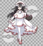  1girl alternate_costume ascot bangs bare_shoulders black_hair bow braid checkered checkered_background commentary_request dress full_body gen_7_pokemon grey_background grey_eyes hair_between_eyes hair_bow hair_ornament hand_up hat jpeg_artifacts long_hair long_sleeves nail_polish namako_plum official_style open_mouth pink_eyes plum_(plum_no_bouken_note) plum_no_bouken_note poke_ball poke_ball_symbol pokemon pokemon_(creature) premier_ball pyukumuku red_footwear red_nails shoes simple_background solo_focus standing thighhighs tied_hair twin_braids two-tone_background virtual_youtuber white_bow white_dress white_headwear white_legwear white_nails white_neckwear 