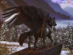  4:3 armor black_fur canid canine canis digital_media_(artwork) feathers feral forest fur fuzzymaro mammal melee_weapon moon mountain outside pose standing sword tree warrior weapon wings wolf yellow_eyes 