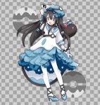  1girl alternate_costume arm_up bangs black_choker black_hair blue_bow blue_footwear blue_headwear blue_skirt bow braid checkered checkered_background choker commentary_request dive_ball earrings flat_chest frilled_skirt frills full_body gen_7_pokemon gloves grey_background grey_eyes hair_between_eyes hair_bow hair_ornament happy hat high_heels jewelry jpeg_artifacts long_hair miniskirt namako_plum official_style open_mouth pantyhose pigeon-toed pink_eyes plum_(plum_no_bouken_note) plum_no_bouken_note poke_ball poke_ball_symbol pokemon pokemon_(creature) pyukumuku shirt shoes short_sleeves simple_background skirt smile solo_focus standing tied_hair twin_braids two-tone_background virtual_youtuber white_gloves white_legwear white_shirt 