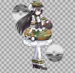  1girl alternate_costume bangs black_footwear black_hair bow braid camouflage camouflage_dress camouflage_hat checkered checkered_background commentary_request corset dress flat_chest frilled_dress frills full_body gen_7_pokemon green_headwear grey_background grey_eyes hair_between_eyes hair_bow hair_ornament hand_up hat high_heels jpeg_artifacts long_hair looking_to_the_side namako_plum official_style open_mouth pantyhose pink_eyes plum_(plum_no_bouken_note) plum_no_bouken_note poke_ball poke_ball_symbol pokemon pokemon_(creature) pyukumuku safari_ball shoes simple_background sleeveless sleeveless_dress solo_focus standing tied_hair twin_braids two-tone_background virtual_youtuber white_legwear 