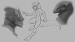  16:9 2019 ambiguous_gender anthro breasts digitigrade dragon female grey_background hair horn monochrome navel nipples nude pussy simple_background sketch watsup 
