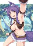  1girl aki_makoto animal_ear_fluff animal_ears areolae arm_up armpits bangs bare_shoulders belt belt_buckle blush breasts buckle cleavage commentary cowboy_shot eyebrows_visible_through_hair forest fur-trimmed_shorts fur_trim highres large_breasts long_hair midriff nature navel nipple_slip nipples open_mouth pov princess_connect! princess_connect!_re:dive purple_hair purple_shorts shorts sleeveless solo tail thighs tree wolf_ears wolf_girl wolf_tail yellow_eyes yozo_(stanky) 