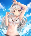  1girl arm_up bikini black_hairband blue_sky bracelet breasts cleavage cloud day female_my_unit_(fire_emblem_if) fire_emblem fire_emblem_heroes fire_emblem_if flower food hair_flower hair_ornament hairband highres holding hyan-rei jewelry long_hair my_unit_(fire_emblem_if) navel outdoors pointy_ears popsicle red_eyes sky solo swimsuit tongue tongue_out upper_body water white_hair wreath 