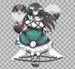  1girl alternate_costume aqua_bow aqua_dress bangs bare_shoulders black_footwear black_hair bow braid checkered checkered_background commentary_request dress full_body gen_7_pokemon grey_background grey_eyes hair_between_eyes hair_bow hair_ornament happy high_heels jpeg_artifacts long_hair namako_plum net_ball official_style open_mouth pantyhose pigeon-toed pink_eyes plum_(plum_no_bouken_note) plum_no_bouken_note poke_ball poke_ball_symbol pokemon pokemon_(creature) pyukumuku shoes simple_background smile solo_focus standing tied_hair twin_braids two-tone_background virtual_youtuber white_legwear 