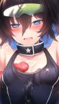  1girl bare_shoulders black_hair black_rock_shooter black_rock_shooter_(character) black_swimsuit blue_eyes blush breasts bright_pupils collarbone cum cum_on_body cum_on_upper_body hair_between_eyes highres m-da_s-tarou one-piece_swimsuit penis penis_in_swimsuit small_breasts smile solo_focus sweat swimsuit twintails upper_body visor white_pupils 