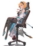  1girl andrian_gilang bare_shoulders blonde_hair brown_eyes chair crossed_legs djeeta_(granblue_fantasy) doctor_(granblue_fantasy) granblue_fantasy hairband highres labcoat looking_at_viewer office_chair pantyhose profile short_hair simple_background solo stethoscope white_background 