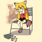  1girl animal_ears battery black_gloves bow chair empty_eyes ezo_red_fox fox game_boy gloves handheld_game_console humanization jacket kemono_friends parody red_fox_(kemono_friends) red_jacket setz sitting skirt tail taxidermy white_bow white_skirt yellow_eyes 