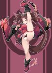  1girl boots breasts brown_eyes brown_hair detached_sleeves dress full_body guilty_gear hair_tubes highres karukan_(monjya) kuradoberi_jam looking_at_viewer medium_breasts panties pantyshot red_dress solo standing standing_on_one_leg thigh_strap underwear white_panties 