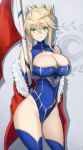  1girl ahoge akatsuki_ikki artoria_pendragon_(all) artoria_pendragon_(lancer) bangs blue_gloves blue_legwear blue_leotard blush braid breasts cape cleavage crown elbow_gloves fate/grand_order fate_(series) french_braid fur-trimmed_cape fur_trim gloves green_eyes hair_between_eyes large_breasts leotard looking_at_viewer red_cape short_hair sidelocks smile solo swept_bangs thighhighs 
