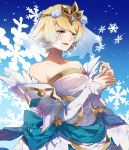  1girl blonde_hair blue_background blue_eyes blue_hair bride crown dress earrings fire_emblem fire_emblem_heroes fjorm_(fire_emblem_heroes) flower gradient gradient_background hair_flower hair_ornament haru_hikoya highres jewelry multicolored_hair open_mouth ring short_hair simple_background snowflakes solo strapless strapless_dress upper_body veil wedding_dress white_dress 
