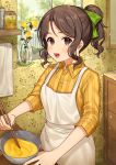  1girl :d apron blurry blurry_background blush bow brown_eyes brown_hair brown_skirt chopsticks collared_shirt commentary_request day depth_of_field dress_shirt fingernails flower green_bow hair_bow high_ponytail highres holding holding_chopsticks indoors karokuchitose looking_at_viewer mixing_bowl open_mouth original ponytail rose shirt sidelocks skirt smile solo striped striped_shirt vase vertical-striped_shirt vertical_stripes white_apron white_flower window yellow_flower yellow_rose 