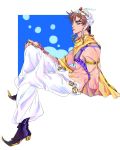  1boy armlet battle_tendency brown_hair capelet fingerless_gloves gloves green_eyes hat highres jakual jewelry jojo_no_kimyou_na_bouken joseph_joestar_(young) male_focus midriff pointy_shoes puffy_pants ring shoes sitting 