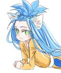 1girl :3 animal_ears big_hair blue_hair blush_stickers cat_ears cat_girl chrono_trigger dress green_eyes long_hair looking_at_viewer queen_zeal s-a-murai simple_background smile solo white_background younger 
