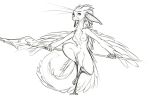  anthro breasts feathers female fur mammal melee_weapon monochrome naturally_censored nipples nude out-of-placers polearm simple_background smile solo spear standing watsup weapon webcomic white_background yinglet 