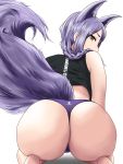  1girl absurdres animal_ears arknights ass ass_focus from_behind highres kilroylw kneeling looking_at_viewer looking_back panties provence_(arknights) purple_hair purple_panties simple_background solo tail tank_top thong underwear white_background yellow_eyes 