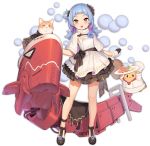  1girl :d alternate_costume animal azur_lane bag bare_legs bird black_flower black_footwear black_gloves black_ribbon blue_hair capelet cat chick dress flower food fur_capelet fur_trim gloves hair_flower hair_ornament hair_rings handbag holding holding_plate layered_dress long_hair looking_at_viewer machinery manjuu_(azur_lane) multicolored_hair official_art open_mouth pink_hair plate red_eyes ribbon sausage shoes smile solo strapless strapless_dress thighs transparent_background tsliuyixin two-tone_hair u-556_(azur_lane) white_capelet white_dress 