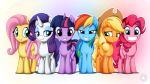  16:9 applejack_(mlp) blonde_hair blue_eyes blue_hair clothing cowboy_hat cutie_mark equid equine eyeshadow female fluttershy_(mlp) freckles friendship_is_magic green_eyes green_hair grin group hair half-closed_eyes hat headgear headwear hi_res horn horse inner_ear_fluff long_hair long_tail looking_at_viewer makeup mammal multicolored_hair my_little_pony mysticalpha orange_hair pink_hair pinkie_pie_(mlp) ponytail pterippus purple_eyes purple_hair rainbow_dash_(mlp) rainbow_hair rarity_(mlp) simple_background smile twilight_sparkle_(mlp) unicorn wide_eyed winged_unicorn wings 