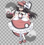  1girl alternate_costume back_bow bangs bare_shoulders black_choker black_hair bow bracelet braid checkered checkered_background choker collarbone commentary_request dress earrings flat_chest frilled_dress frills full_body gen_7_pokemon grey_background grey_eyes hair_between_eyes hair_bow hair_ornament happy hat high_heels jewelry jpeg_artifacts long_hair looking_at_viewer namako_plum off_shoulder official_style open_mouth pantyhose pink_eyes plum_(plum_no_bouken_note) plum_no_bouken_note poke_ball poke_ball_(generic) poke_ball_symbol pokemon pokemon_(creature) pyukumuku red_dress red_footwear red_headwear shoes simple_background smile solo_focus standing sun_hat tied_hair twin_braids two-tone_background virtual_youtuber white_legwear 