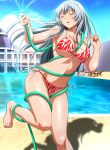  1girl barefoot bikini blue_sky breasts chouun_shiryuu cleavage closed_eyes collarbone day floating_hair highres holding_hose hose ikkitousen large_breasts leg_up long_hair open_mouth outdoors pool print_bikini ribbon shiny shiny_skin side-tie_bikini sideboob silver_hair sky solo standing standing_on_one_leg swimsuit underboob very_long_hair white_ribbon 