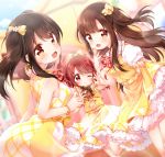  3girls ;) bangs bet black_hair blurry blurry_background blush bow bracelet brown_eyes brown_hair collared_dress commentary doughnut dress eating flower food hair_bow hair_flower hair_ornament hand_to_own_mouth highres holding holding_food idolmaster idolmaster_cinderella_girls jewelry kofa_(ikyurima) looking_at_viewer looking_back mellow_yellow mizumoto_yukari multiple_girls nakano_yuka neck_ribbon ok_sign one_eye_closed ponytail purple_eyes red_hair red_neckwear ribbon shiina_noriko short_sleeves sidelocks skirt_hold sleeveless sleeveless_dress smile two_side_up yellow_bow yellow_dress 