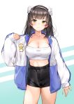  1girl bangs black_hair black_shorts blush breasts casual cleavage closed_mouth collarbone cowboy_shot eyebrows_visible_through_hair girls_frontline hairband highleg_shorts highres jacket jacket_tug large_breasts lee_seok_ho long_hair looking_at_viewer open_clothes open_jacket qbz-95_(girls_frontline) short_shorts shorts sleeves_past_wrists smile solo star strapless tubetop very_long_hair white_hairband yellow_eyes 