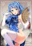  1girl :d blue_dress blue_hair blush breasts china_dress chinese_clothes commentary covered_nipples double_bun dress elbow_gloves eyebrows_visible_through_hair fan folding_fan gloves impossible_clothes impossible_dress kantai_collection kyougoku_shin large_breasts leg_up long_hair no_panties open_mouth smile solo thighhighs urakaze_(kantai_collection) white_gloves white_legwear 