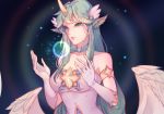  1girl alternate_costume alternate_eye_color alternate_hair_color alternate_hairstyle animal_ears armlet bare_shoulders black_background breasts choker cleavage elbow_gloves gloves green_eyes green_hair highres horn league_of_legends long_hair magic magical_girl medium_breasts pointy_ears solo soraka star_guardian_(league_of_legends) star_guardian_soraka thedistantdawn thighhighs upper_body very_long_hair white_gloves white_wings wings 