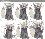  1girl animal_ear_fluff animal_ears artist_name blush bow bowtie brown_scarf contemporary embarrassed extra_ears fennec_(kemono_friends) fox_ears fox_tail heart highres jacket kemono_friends long_sleeves looking_at_viewer looking_away looking_to_the_side multiple_views pleated_skirt scarf shio_butter_(obscurityonline) simple_background sitting skirt sleeve_tug smile tail tail_wagging thighhighs white_background 