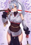  1girl armor blue_hakama breasts detached_sleeves fate/grand_order fate_(series) fingerless_gloves gloves hair_between_eyes hair_ribbon hakama highres hip_vent holding holding_sword holding_weapon japanese_armor japanese_clothes katana kimono kurosawa_(hjkl42332) large_breasts long_hair mitsudomoe_(shape) obi ponytail red_eyes red_gloves red_ribbon ribbon sash short_kimono shoulder_armor silver_hair single_detached_sleeve sode sol sword tomoe_(symbol) tomoe_gozen_(fate/grand_order) very_long_hair weapon white_kimono 