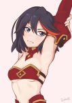  1girl artist_name black_hair blue_eyes blush breasts commentary cosplay darahan detached_sleeves fate_(series) hair_between_eyes highlights kill_la_kill matoi_ryuuko midriff mordred_(fate) mordred_(fate)_(all) mordred_(fate)_(cosplay) multicolored_hair red_hair red_sleeves revealing_clothes short_hair simple_background small_breasts solo streaked_hair upper_body white_background 