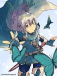  1girl absurdres armor blue_eyes blue_hair bug butterfly cape fingerless_gloves fire_emblem fire_emblem:_kakusei gloves hair_between_eyes highres insect long_hair looking_at_viewer lucina nishimura_(nianiamu) simple_background smile solo tiara 