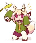  1girl animal_ears arm_up bangs bell bell_collar blonde_hair blush brown_collar brown_footwear cattail collar commentary_request eyebrows_visible_through_hair fox_ears fox_girl fox_tail full_body green_shirt hair_between_eyes hair_bun hair_ornament hand_up highres jingle_bell kemomimi-chan_(naga_u) long_hair long_sleeves looking_away looking_up naga_u notice_lines one_knee orange_neckwear original parted_lips plant pleated_skirt purple_skirt red_eyes ribbon-trimmed_sleeves ribbon_trim sailor_collar shirt sidelocks skirt sleeves_past_fingers sleeves_past_wrists solo tail thighhighs v-shaped_eyebrows white_legwear white_sailor_collar 