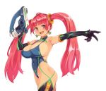  1girl breasts cleavage covered_navel covered_nipples cowboy_shot earrings elbow_gloves eyebrows_visible_through_hair gloves gun holding holding_gun holding_weapon huge_breasts jewelry long_hair open_mouth outstretched_arm pink_eyes pink_hair ryoji_(nomura_ryouji) simple_background solo star star_earrings thighhighs twintails weapon white_background 