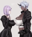  2girls bangs belt black_belt black_dress black_jacket blunt_bangs breasts closed_mouth covered_nipples cowboy_shot dark_skin dress from_side grey_background highres horn huge_breasts jacket large_breasts lips long_sleeves looking_at_another multiple_girls original purple_eyes purple_hair shirt short_hair silver_eyes silver_hair simple_background smile white_shirt zkstxxx 