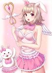 1girl absurdres alternate_costume animal_ears artist_name bare_arms bare_shoulders bow breasts bunny_ears cleavage commentary_request cowboy_shot danganronpa ear_ribbon eyebrows_visible_through_hair flipped_hair frills gem hair_ornament hairband highres holding holding_staff jewelry large_breasts light_brown_hair magical_girl medium_hair monomi_(danganronpa) nabekokoa nanami_chiaki open_mouth pink_bow pink_shirt pink_skirt purple_eyes shirt short_wings skirt sleeveless sleeveless_shirt staff super_danganronpa_2 upper_teeth white_wings wings 