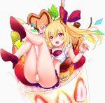  1girl :d arm_up ass bangs bare_arms bare_legs blonde_hair blush bra commentary_request crop_top crystal cup drinking_glass eyebrows_visible_through_hair flandre_scarlet food frilled_bra frills front-tie_top fruit full_body grey_background hair_between_eyes hair_ribbon hand_up high_heels in_container in_cup leaf legs_up long_hair looking_at_viewer lying microskirt midriff no_hat no_headwear on_back one_side_up open_mouth panties pantyshot pantyshot_(lying) polka_dot polka_dot_bra red_bra red_eyes red_footwear red_ribbon red_skirt ribbon rimu_(kingyo_origin) shirt simple_background skirt smile solo strawberry thighs tied_shirt touhou underwear white_shirt wings wrist_cuffs yellow_panties 