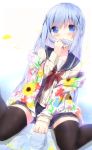  1girl alternate_costume bangs black_legwear blue_eyes blue_hair blue_sailor_collar blue_skirt blush brown_shirt collarbone commentary_request covered_mouth dress_shirt dutch_angle eyebrows_visible_through_hair floral_print gochuumon_wa_usagi_desu_ka? hair_between_eyes hair_ornament hand_up highres holding holding_hair kafuu_chino kouda_suzu long_hair long_sleeves neckerchief off_shoulder open_clothes pleated_skirt red_neckwear reflection sailor_collar school_uniform serafuku shirt sitting skirt sleeves_past_wrists solo thighhighs very_long_hair wariza x_hair_ornament 