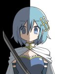  1girl arms_at_sides black_background blue_eyes blue_hair breasts cape detached_sleeves eyebrows_visible_through_hair eyes_visible_through_hair fortissimo fortissimo_hair_ornament frills hair_between_eyes hair_ornament hairclip mahou_shoujo_madoka_magica medium_breasts miki_sayaka musical_note parted_lips pokki_(sue_eus) shaded_face short_hair simple_background solo strapless sword two-tone_background upper_body weapon white_background white_cape 