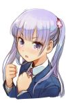  1girl bangs blue_hair blunt_bangs blush clenched_hands flower hair_flower hair_ornament hankuri long_hair new_game! open_mouth purple_eyes simple_background solo suzukaze_aoba twintails upper_body white_background 