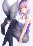  1girl air_bubble ass black_legwear breasts bubble collarbone commentary_request competition_swimsuit fine_fabric_emphasis gurande_(g-size) highres large_breasts lavender_hair leg_up looking_at_viewer multiple_views one-piece_swimsuit pantyhose red_eyes shinjou_akane short_hair sitting smile ssss.gridman swimsuit thighband_pantyhose white_background 