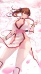  1girl bangs bare_shoulders breasts brown_eyes brown_hair cait choker cleavage closed_mouth dead_or_alive detached_sleeves highres japanese_clothes kasumi_(doa) large_breasts long_hair looking_at_viewer pelvic_curtain petals ponytail ribbon sash solo sword thighhighs thighs weapon 