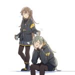  2girls armband black_legwear brown_eyes brown_hair closed_eyes cup disposable_cup elbows_on_knees girls_frontline hair_between_eyes hair_color_request hands_on_own_cheeks hands_on_own_face head_rest holding holding_cup jacket long_hair long_sleeves multiple_girls object_on_head one_side_up open_mouth pantyhose pleated_skirt scar scar_across_eye siblings sisters sitting skirt smile standing star ump40_(girls_frontline) ump45_(girls_frontline) white_background xinhao 