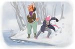  anthro beanie clothed clothing dulce_(character) duo female fingerless_gloves gloves hat headgear headwear kobold lagomorph leporid male mammal mr.pink outside pwink rabbit scarf snow standing 