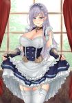  1girl apron azur_lane bangs bare_shoulders belfast_(azur_lane) black_collar black_dress black_gloves blue_eyes blush bow braid breasts chain cleavage collar commentary_request cowboy_shot curtains dress ear_piercing english_commentary eyebrows_visible_through_hair fingerless_gloves french_braid frilled_apron frills garter_straps gauntlets gloves highres indoors large_breasts long_hair looking_at_viewer maid maid_apron maid_headdress mickey_dunn partial_commentary petticoat piercing pink_lips silver_hair skirt_hold smile solo standing thighhighs thighs waist_apron white_apron white_bow white_legwear window zettai_ryouiki 